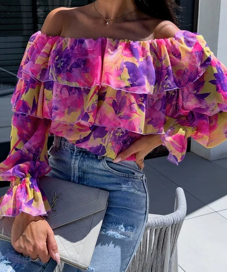 Women's Elegant Blouses One Line Neck Off The Shoulder Printed Shirt Long Sleeved Top