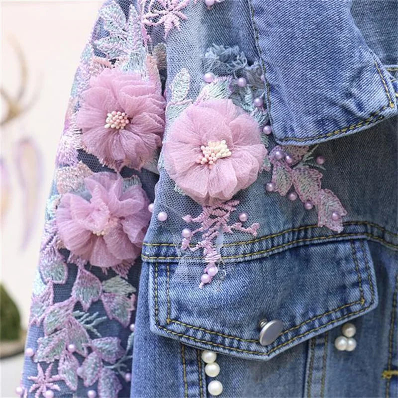 Ny broderi denim kort jakke Kvinner Vår Høst Applikasjon Diamanthull Kåpe Løse Overdeler Student Jean Yttertøy Jakker