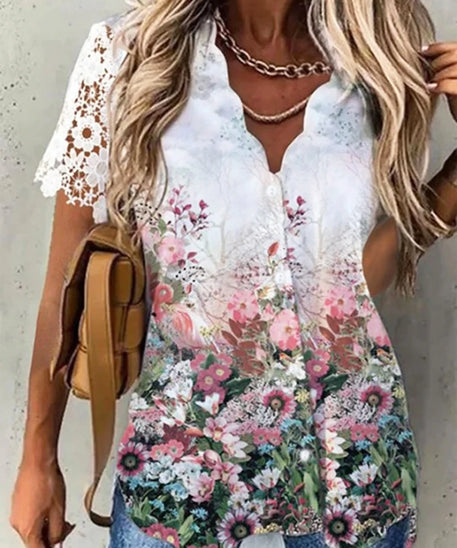 Women Shirt Floral Daily Weekend Floral Blouse Shirt Women Short Sleeve Button Print V Neck Casual Tops