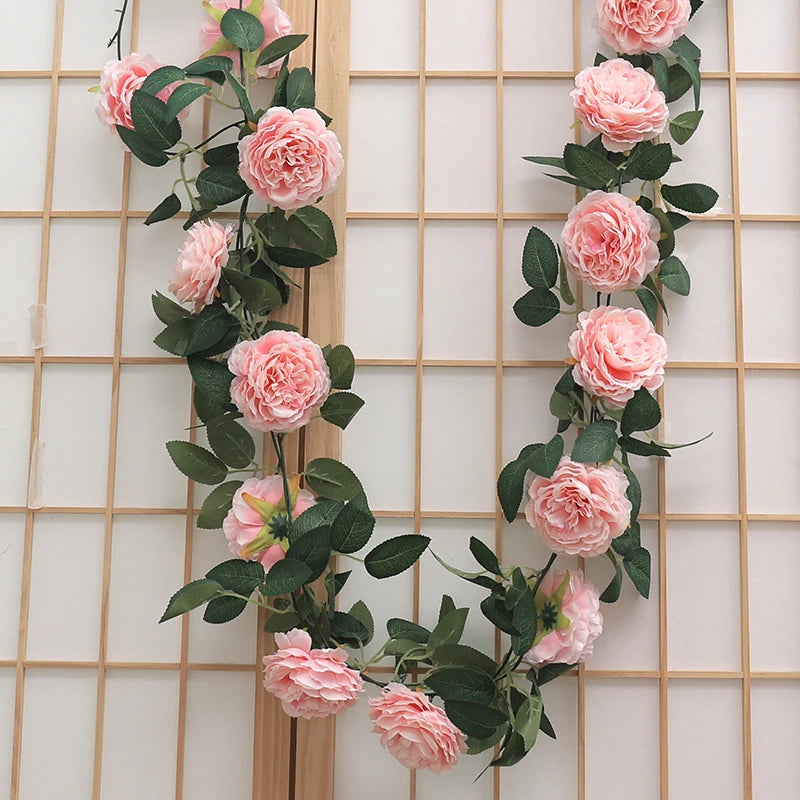Pink Silk Peony Artificial Big Flowers Vines Wedding Party Wall Hanging Ivy Rattan Home Garden Decoration Garland Green Plants