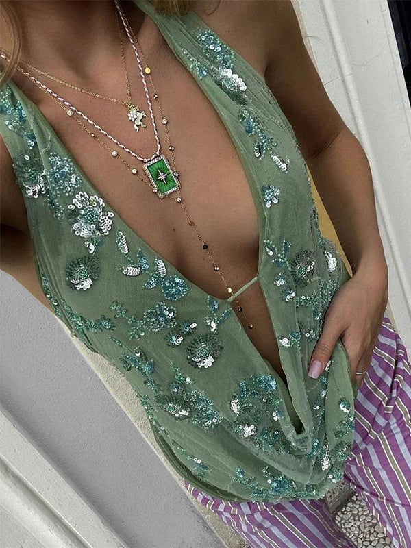 Trendix Sexy Deep V Neck Beach Tank Top Hot Girls 2025 Summer Sequins Patchwork Sleeveless Vest Women Vacation Sexy Backless Top - MHMote