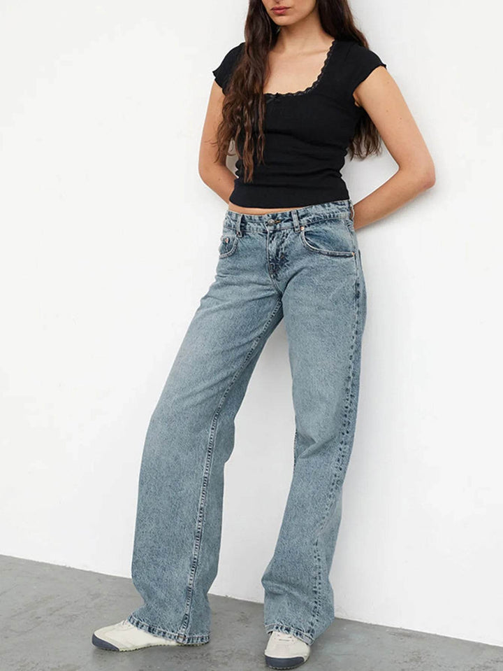 Jeans Women Denim Wide Leg Pant Floor Length Pants Splice Loose Casual Pockets High Waist Straight Trousers Autumn Winter - MHMote