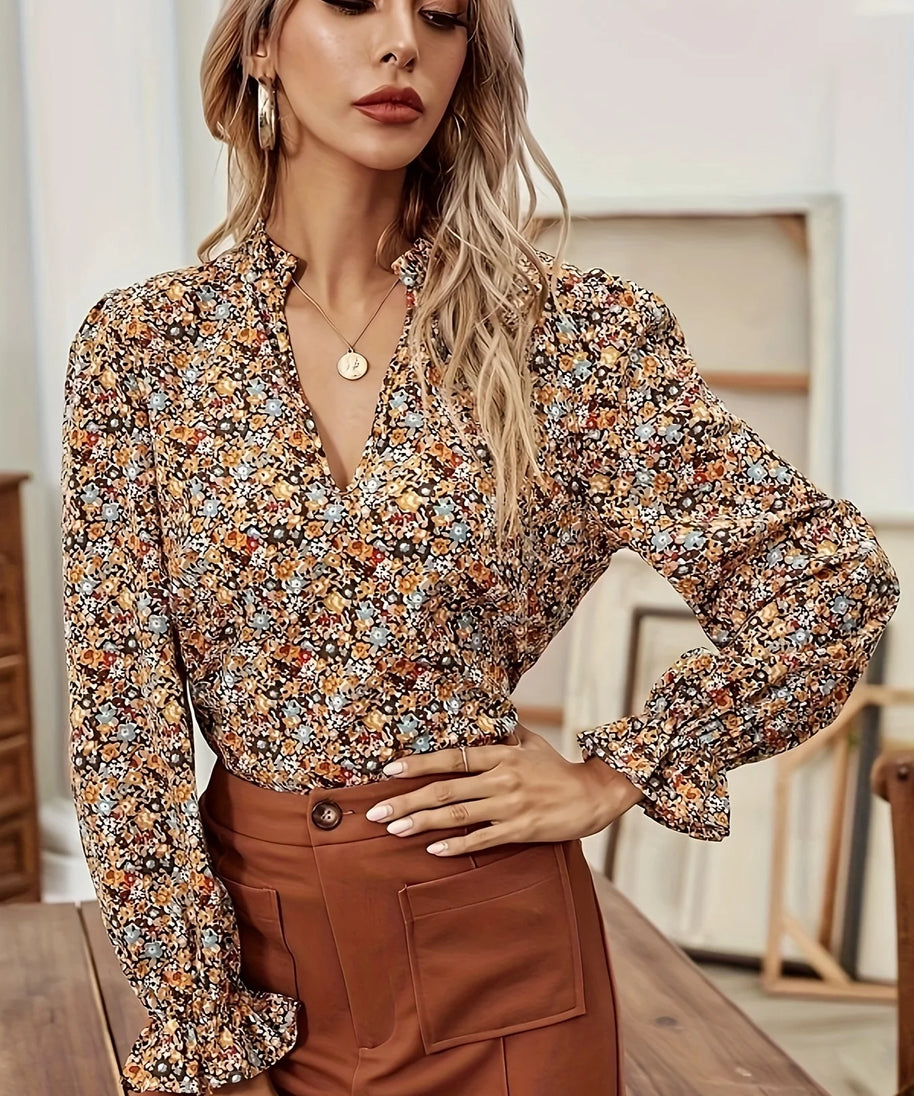 Spring and Summer New Women's V Neck Long-Sleeved Floral Print Shirt, Light and Breathable, Suitable for Spring and Summer