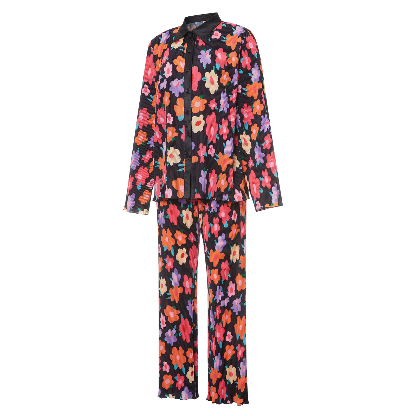 Todelte sett Dame Vår Høst Print Button Down Langermede Skjorter + Lange bukser med brede ben Kvinnelige Y2K Uformelle løse buksesett