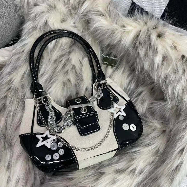 Women Bag New Fashion PU Canvas Chains Shoulder Bag Handbag Y2K Dark Style Girls Bag Office Lady - MHMote