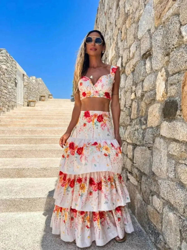 2025 New Sexy Print Beach Women Two Piece Skirt White Bra High Waist A-line Long Skirt Suit Summer Holiday Seaside Casual Set - MHMote