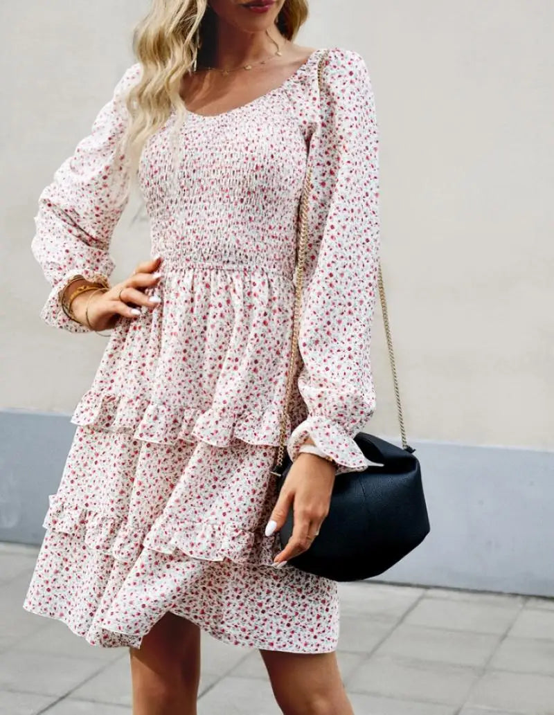 Fransk Elegant Damekjole Høst Uformell Chiffon V-hals Høy midje Daglig Urban Elegant Blomstertrykt Langermet A-linjekjole
