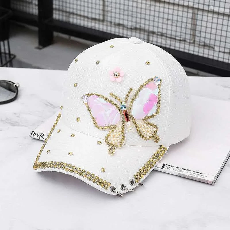 Paljett baseballcaps for kvinner Sommerfugl Kpop skinnende toppede capser sommer netting Justerbar utendørs reise solkrem solhatt kvinne
