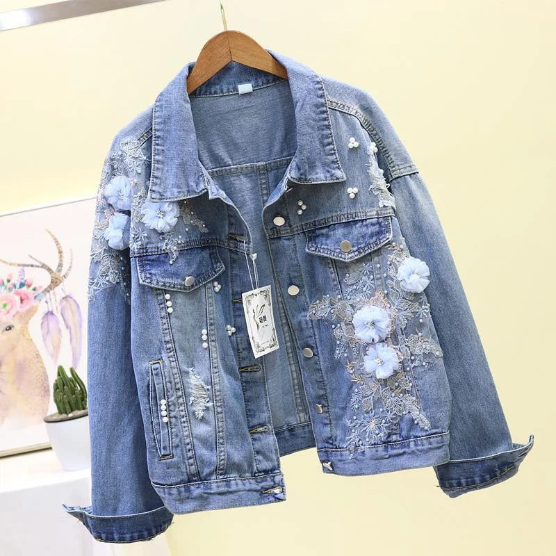 Ny broderi denim kort jakke Kvinner Vår Høst Applikasjon Diamanthull Kåpe Løse Overdeler Student Jean Yttertøy Jakker