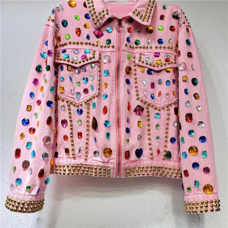Kvinner Regnbuediamanter Perlerrosa denimfrakk Løs Rhinestones Jeans Jakke Langermet Crystal Cowboy Cardigan Nagler Topper