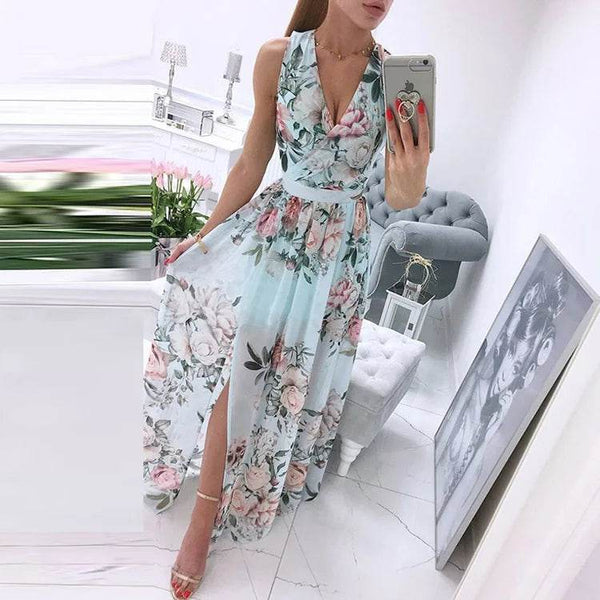 2022 Independent station summer print V-neck temperament sleeveless slim cut chiffon dress - MHMote