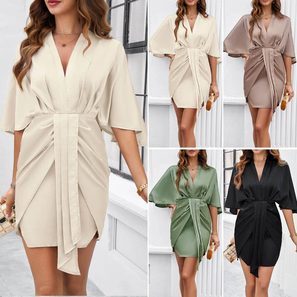 2025 Explosive New Summer Women's Dress Solid Color V-neck Lady's Bag Buttock Dress Small-waisted Elegant Knee Length Dress - MHMote