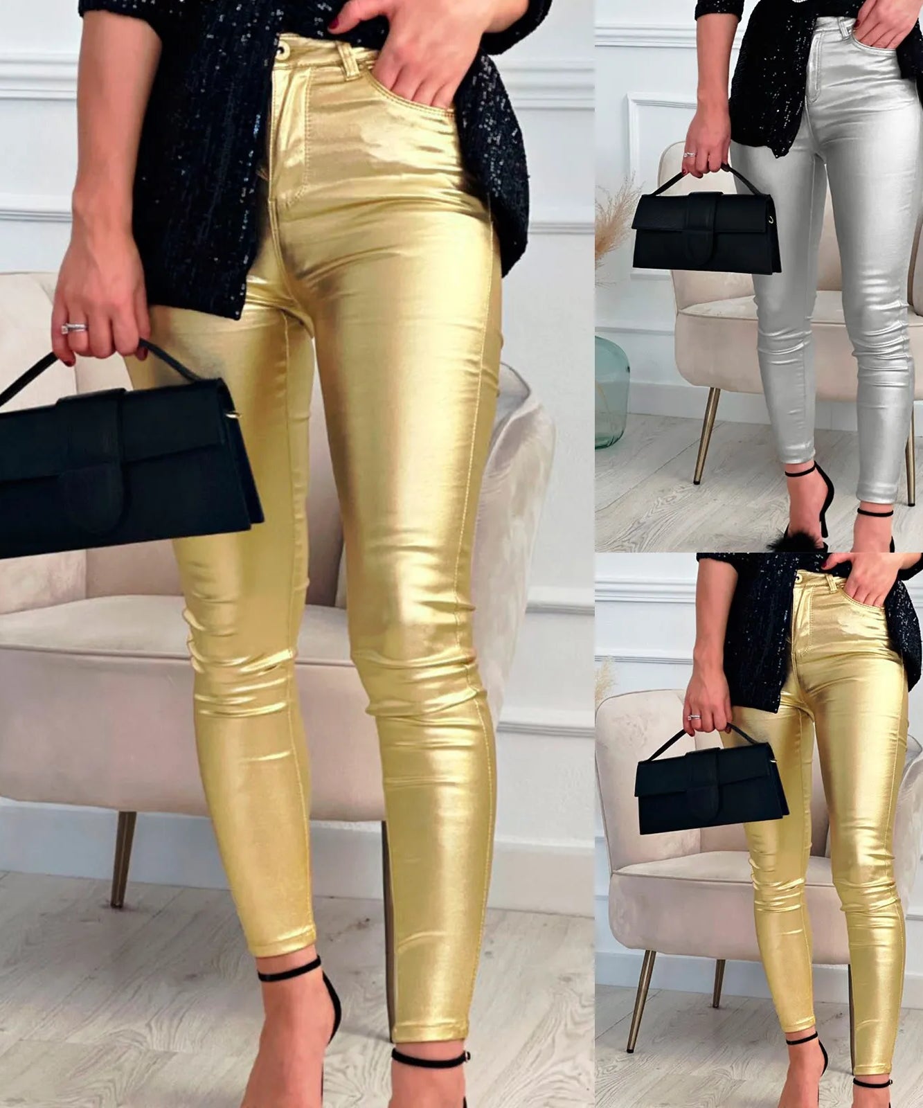 Women'S Elastic Stretch Leather Pleather Pants Sexy Mid Waist Faux Leather Leggings Gold Silver Padded Pants Ropa De Mujer