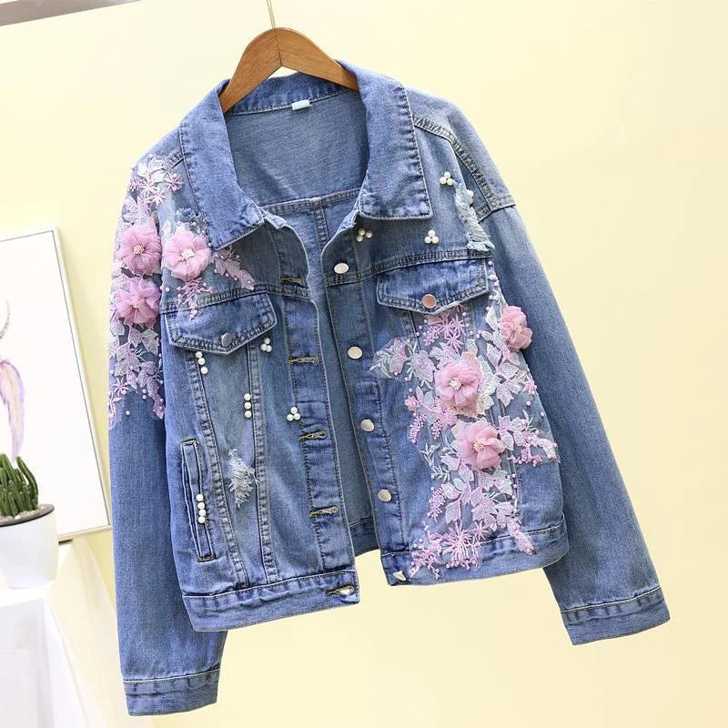 Ny broderi denim kort jakke Kvinner Vår Høst Applikasjon Diamanthull Kåpe Løse Overdeler Student Jean Yttertøy Jakker