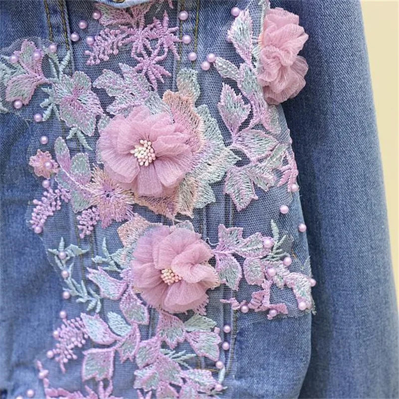 Ny broderi denim kort jakke Kvinner Vår Høst Applikasjon Diamanthull Kåpe Løse Overdeler Student Jean Yttertøy Jakker