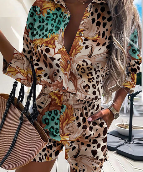 Spring Half Sleeve Shirts Tops And Shorts 2 Piece Set Leopard Print Two Piece Sets