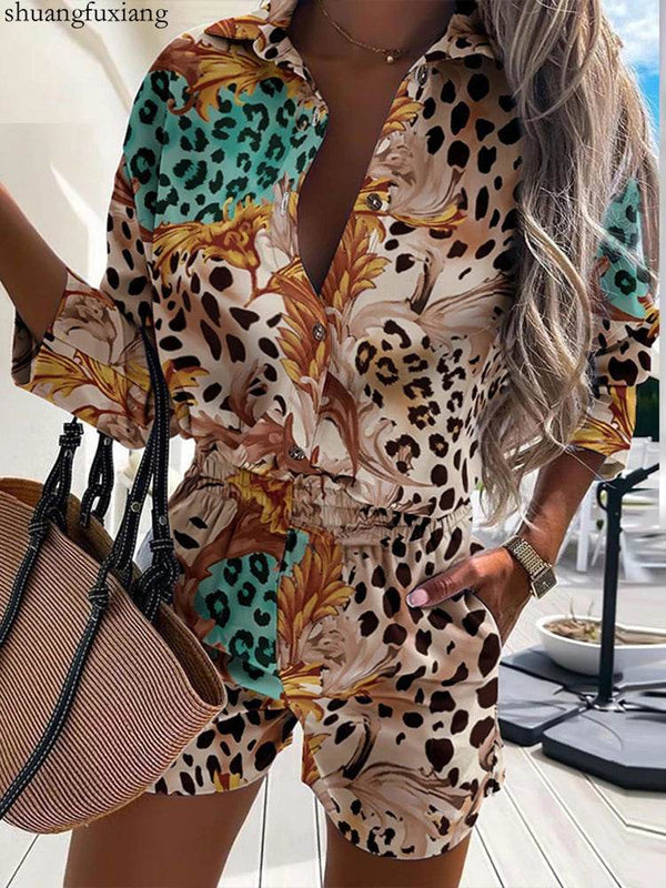 Spring Half Sleeve Shirts Tops And Shorts 2 Piece Set Leopard Print Two Piece Sets - MHMote