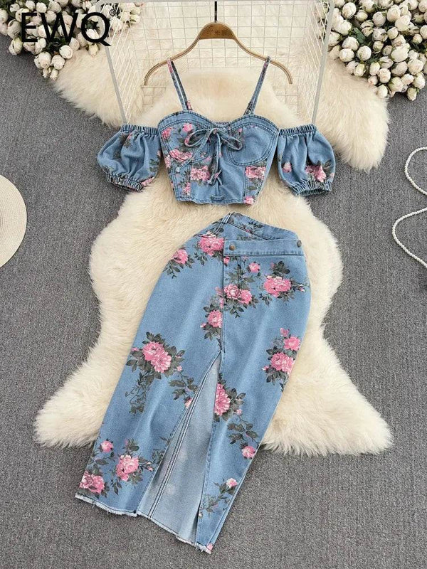 EWQ Fashion Denim Print 2 Piece Set Women Short Sleeves Sling Tops High Waist Skirts Streetwear 2025 Summer New Sets 27SN4547 - MHMote