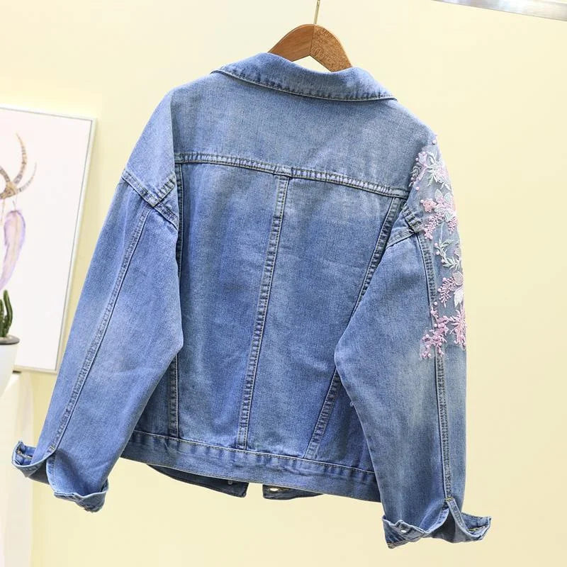 Ny broderi denim kort jakke Kvinner Vår Høst Applikasjon Diamanthull Kåpe Løse Overdeler Student Jean Yttertøy Jakker