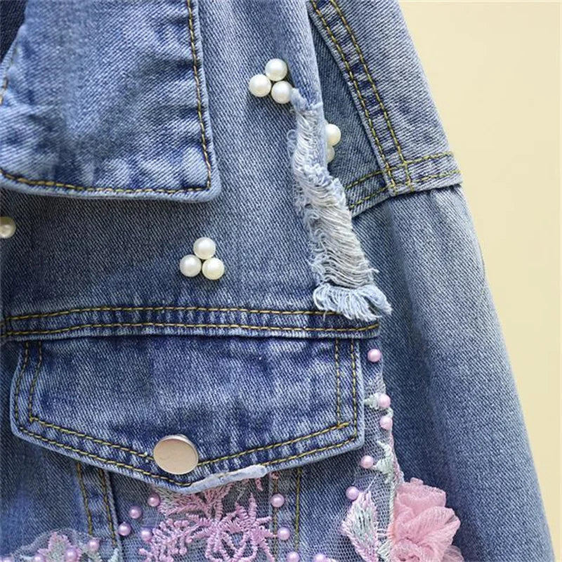 Ny broderi denim kort jakke Kvinner Vår Høst Applikasjon Diamanthull Kåpe Løse Overdeler Student Jean Yttertøy Jakker