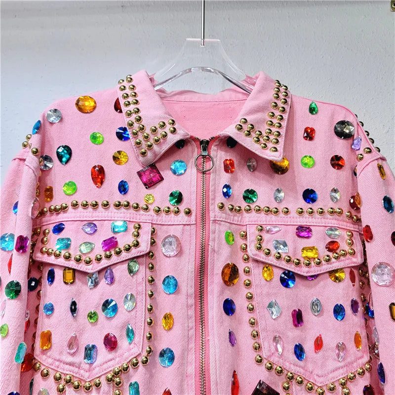 Kvinner Regnbuediamanter Perlerrosa denimfrakk Løs Rhinestones Jeans Jakke Langermet Crystal Cowboy Cardigan Nagler Topper