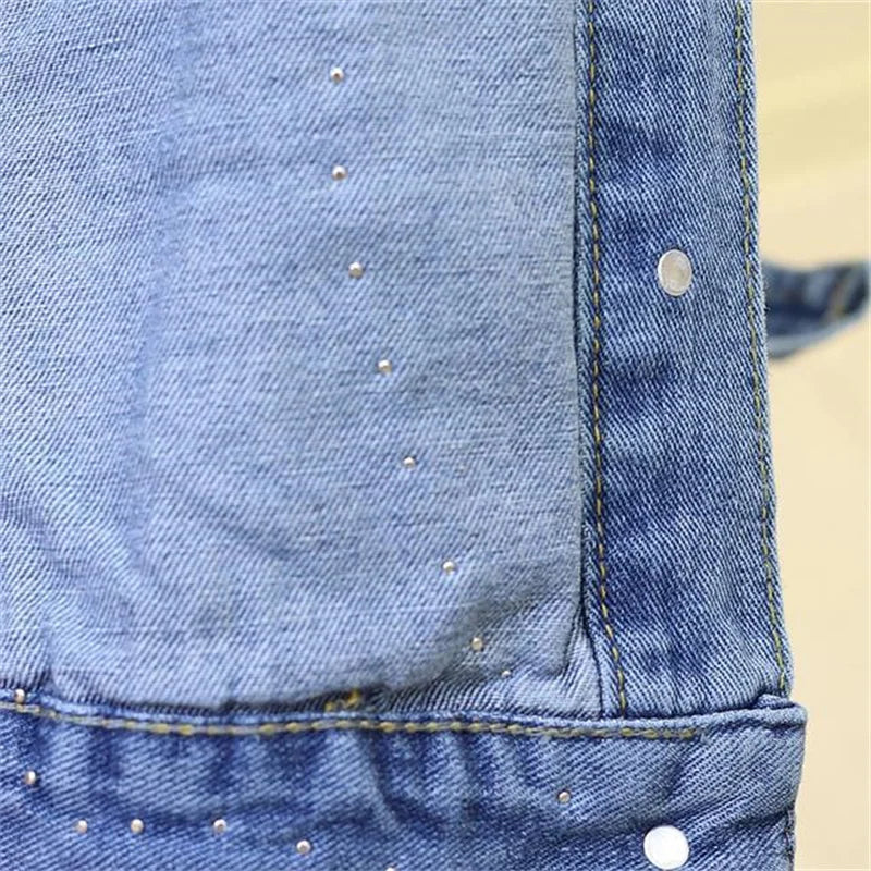 Ny broderi denim kort jakke Kvinner Vår Høst Applikasjon Diamanthull Kåpe Løse Overdeler Student Jean Yttertøy Jakker