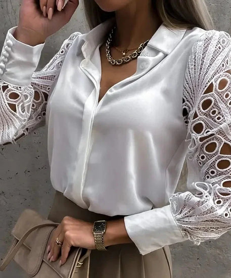 White Sexy Lace Hollow out Women Blouse Autumn Spring Black Top Vintage Button Up Shirts Long Sleeve Tops