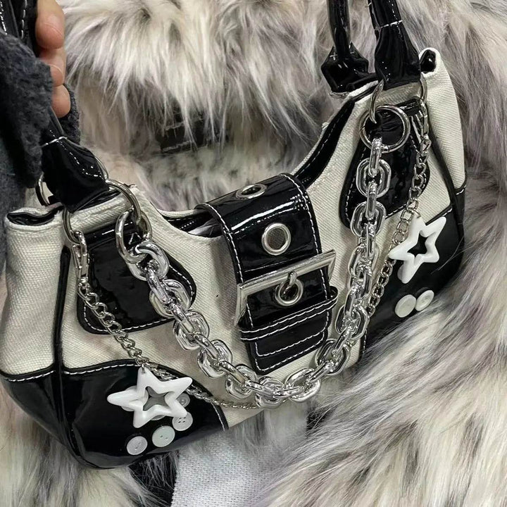 Women Bag New Fashion PU Canvas Chains Shoulder Bag Handbag Y2K Dark Style Girls Bag Office Lady - MHMote