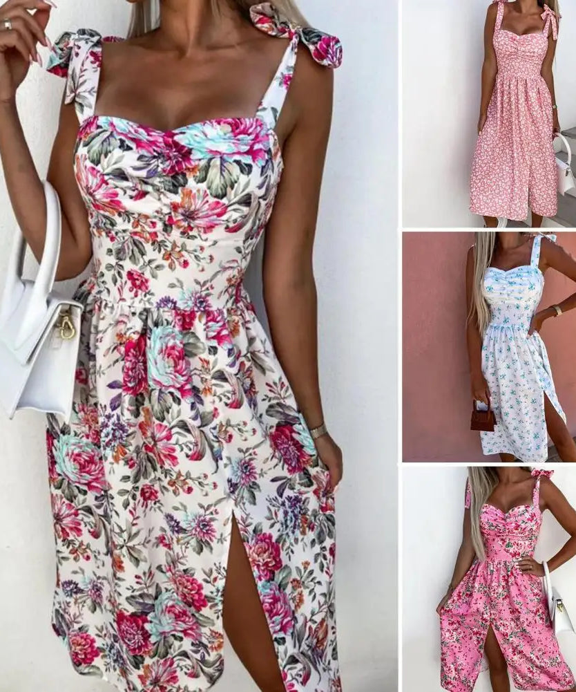 Summer Dress Square Neck Sleeveless Colorful Flower Print Backless Midi Dress Holiday Clothes