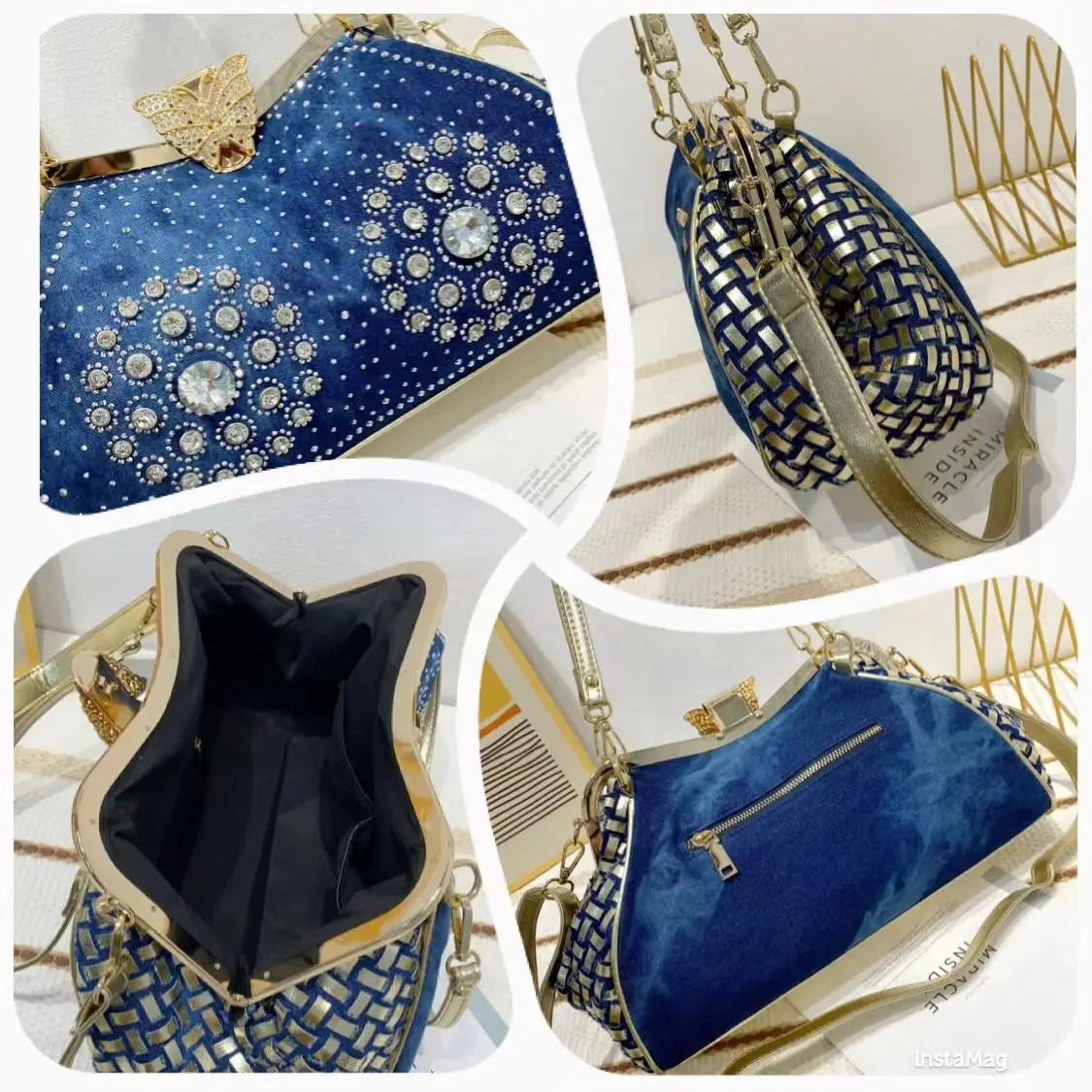 Diamond Denim Damevesker og vesker med skinnende rhinestone jeans Crossbody-veske Skulderveske Evening Party Bag