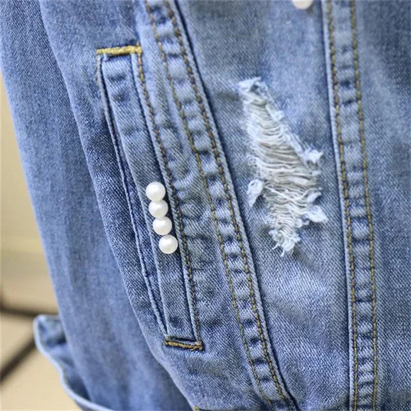 Ny broderi denim kort jakke Kvinner Vår Høst Applikasjon Diamanthull Kåpe Løse Overdeler Student Jean Yttertøy Jakker