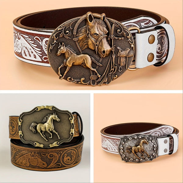 Western Horse Utskårne Spennebelter Vintage Preget Ensfarget PU-linne Klassisk Cowboy Cowgirl Jeansbuksebelte For Damer Og Herrer