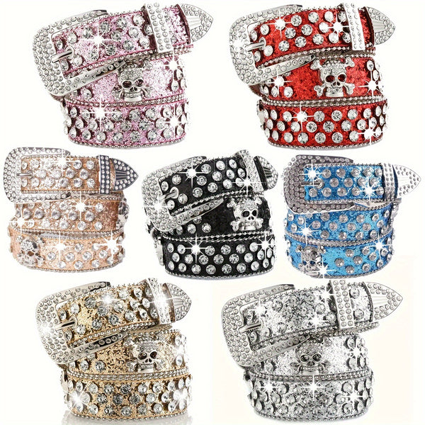 Livlig strass-pyntet belte i western cowgirl-stil i Y2K-stil - glitrende PU-skinn, justerbart, komfortabelt og trendy tilbehør til damejeans, kjoler og skjørt