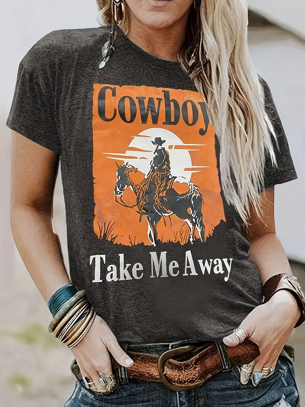 Elegant Western Cowboy Graphic T-skjorte for kvinner - Avslappet, høy elastisitet, lettstelt rund hals for vår-/høstsesongen