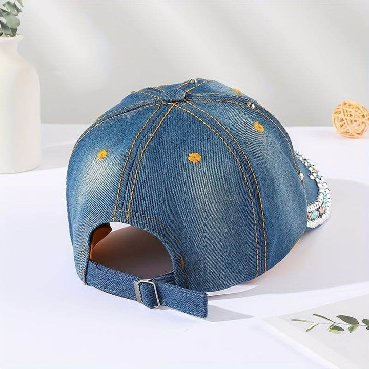 Rhinestone Dragonfly Patch Baseball Cap Blue Denim Washed Distressed Dad Hat Sun Hats For Women - MHMote