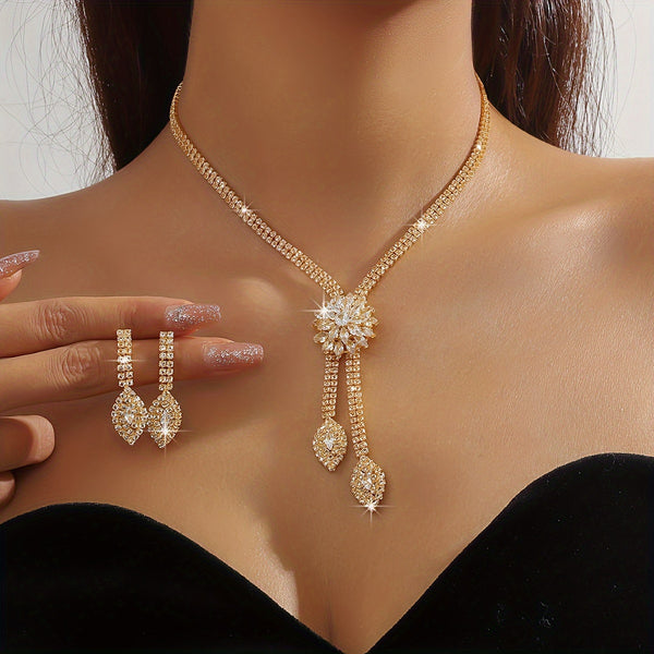Hot Selling Fashion Imitation Zirconia Flower Necklace And Earrings Two-piece Set And Necklace Earrings Bracelet Three-piece Set Light Luxury Bride Jewelry Wedding Jewelry Set Banquet Accessories