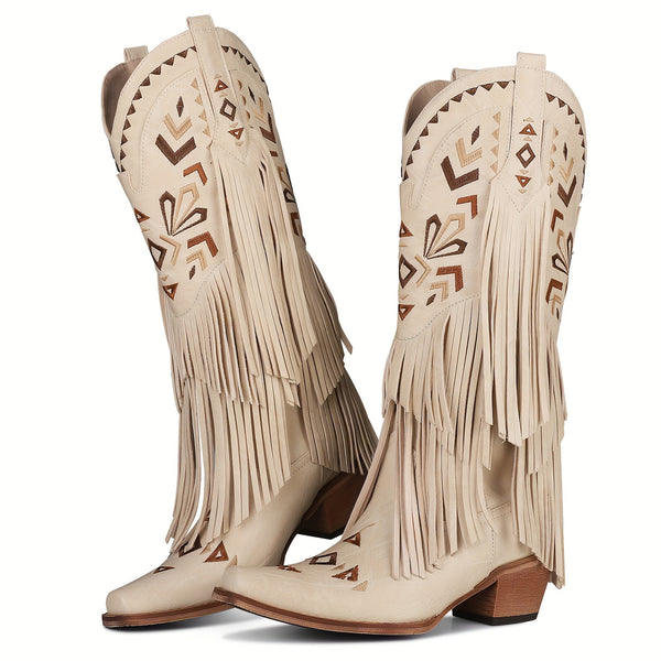 Womens Fashionable Cowboy Boots Knee High Boot Tassel Embroidered Almond Toe Fringe Pull on Vintage Chunky Heel Cowgirl Western Booties