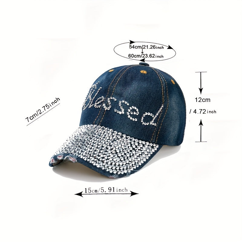 Stilig denim baseballcaps med velsignet bokstav og diamantpynt