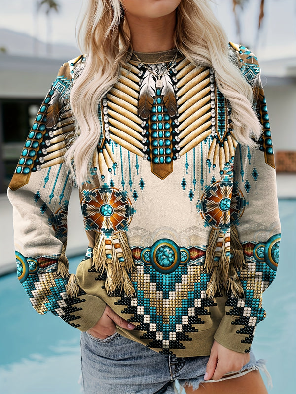 Trendy etnisk trykk damegenser - Vintage rund hals, langermet vestlig inspirert design - Stilig fritidsklær for motebevisste damer