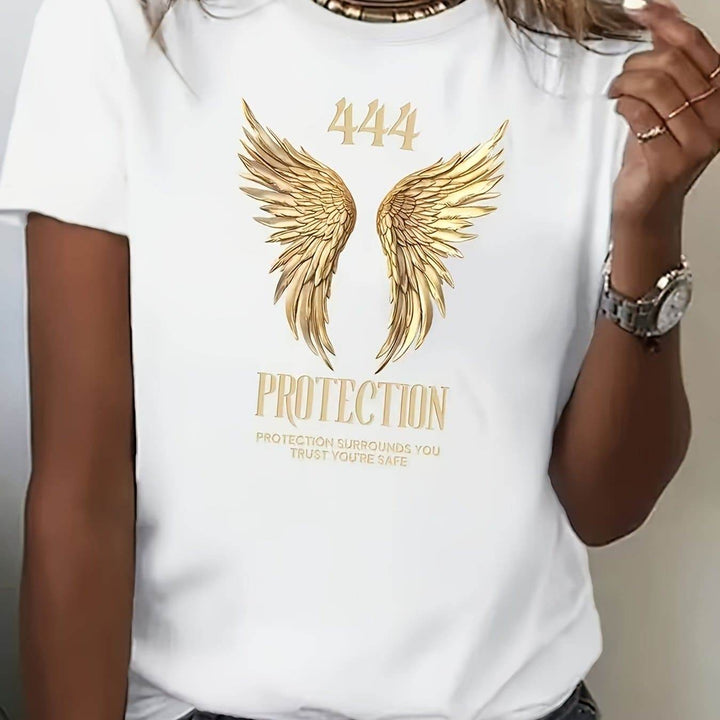 1pc Women'S Casual Cotton Blend T-Shirt with Angel Wings and Letter Print, Round Neck, Short Sleeve, Regular Fit, Summer Knit Top - MHMote