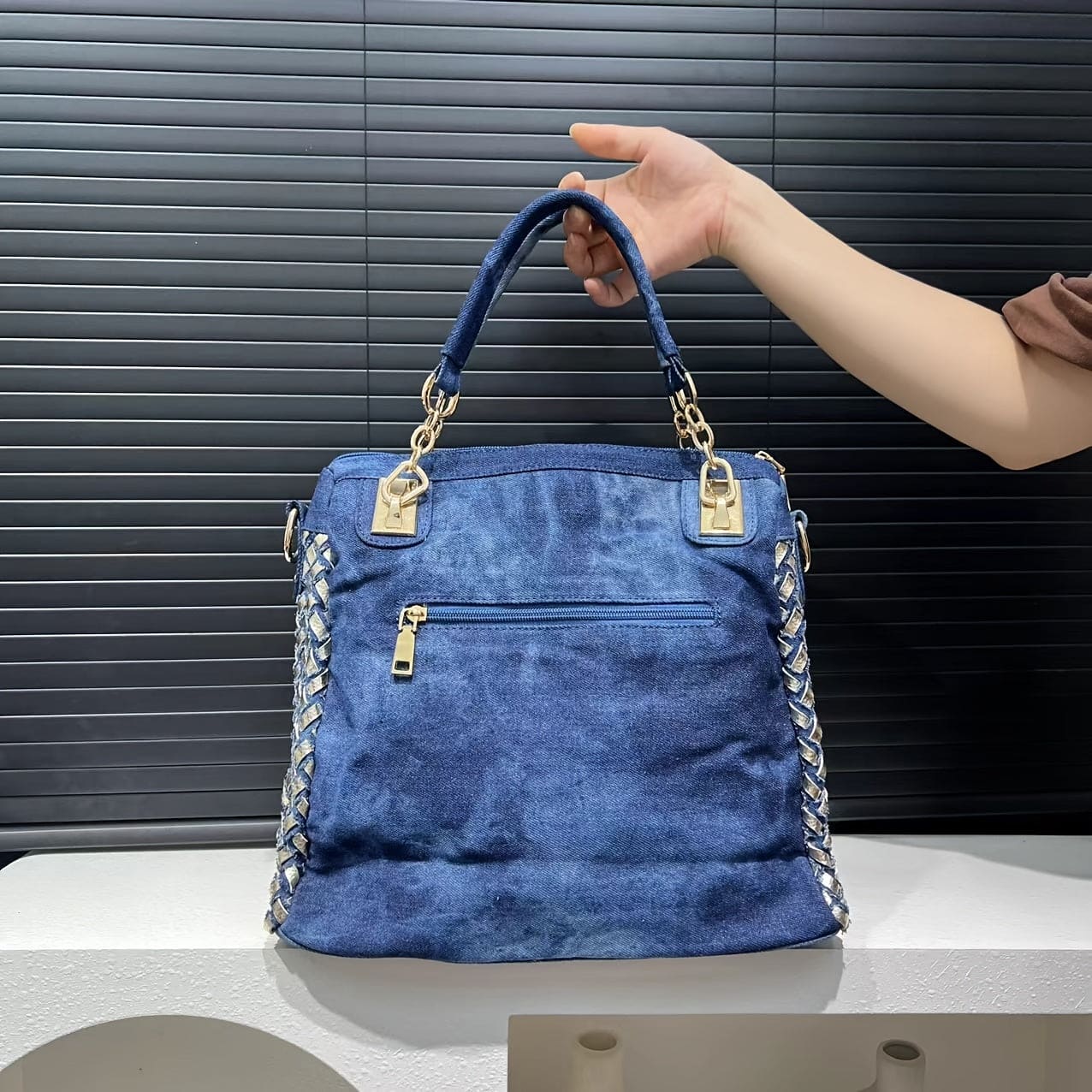 Elegant denim dameveske med glitrende rhinestones – stor kapasitet, gradientdesign, avtakbar stropp, glidelåslukking
