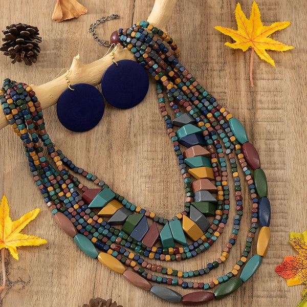 Three-piece Bohemian 5-color Wooden Multi-layer Necklace Sweater Chain Earrings Jewelry Set
