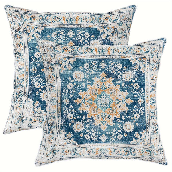 18"x18" Geometric Floral Blue Short Plush 2pcs Vintage Bohemian Moroccan Throw Pillow Covers - Zip Closure for Living Room & Bedroom Decor
