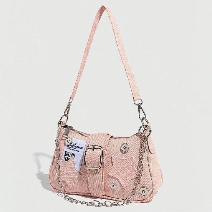 Women's Fashion Denim Shoulder Bag with Star Accents, Vintage Style Crossbody Handbag - MHMote