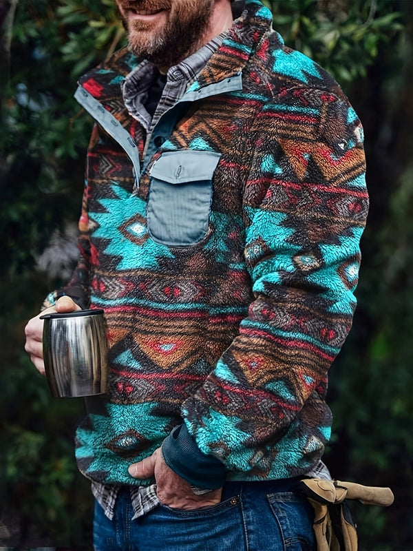 Herre Aztec Fuzzy Sherpa Pullover Gensere Vinterfrakker Western Vintage Gensere Med Lommer