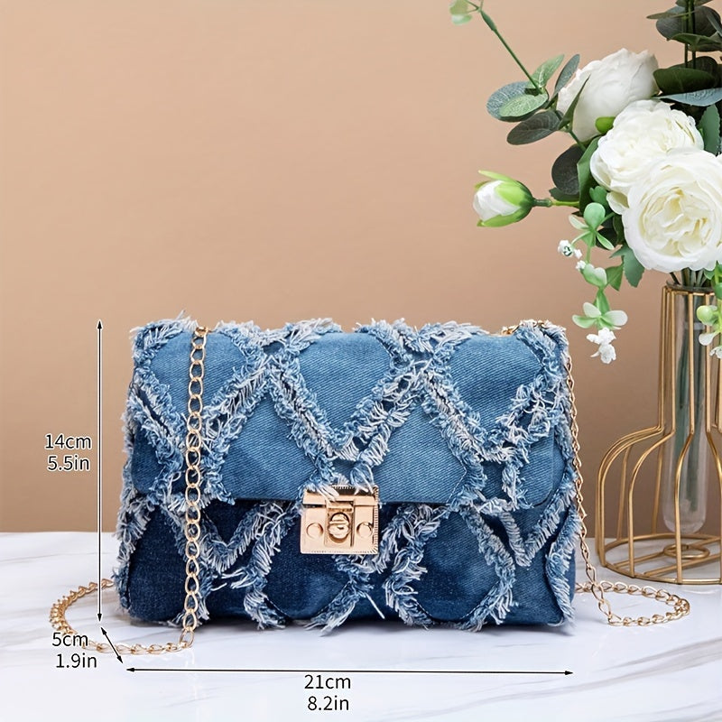 Elegant mini denim crossbody-veske for kvinner - Allsidig rutete cowboy-stil med avtakbar kjedestropp, lett og stilig, skulderveske, lås, ny stil