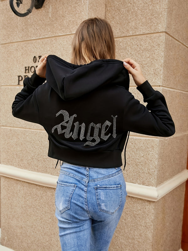 Rhinestone Embellished Letter Hoodie - Zip-Up Drawstring, Casual Long Sleeve Crop Sweatshirt with Sparkling Accents - Women's Fashion Clothing for Everyday Wear