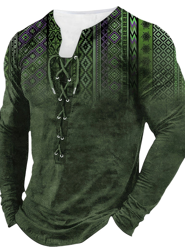 Langermet vintage Henley-t-skjorte for menn - Myk, pustende, avslappet passform, bohemsk mønster, perfekt for vår og høst, flott gaveidé til ham