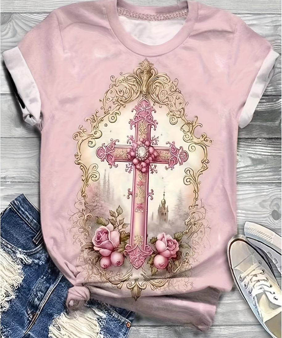 Stilig rosa blomster-korstrykk T-skjorte for kvinner - Uformell rund hals, kortermet, polyester- og spandexblanding, maskinvaskbar, T-skjorter for kvinner