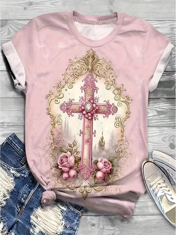 Stylish Pink Floral Cross Print Women's T-Shirt - Casual Crew Neck, Short Sleeve, Polyester & Spandex Blend, Machine Washable, Ladies T Shirts - MHMote